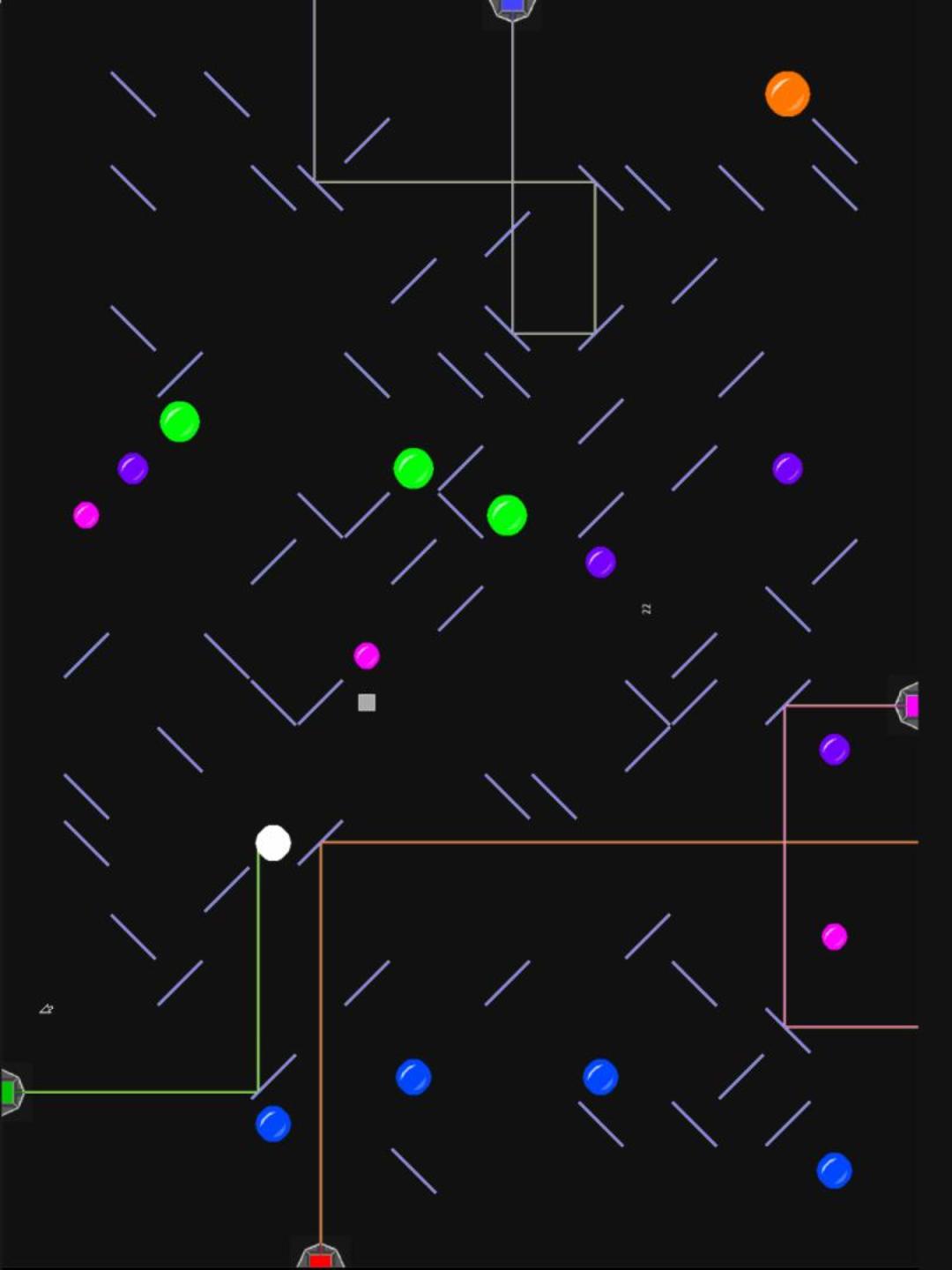 Hall of Mirrors gameplay: coloured balloons and mirrors on a dark board, with laser beams bending across it